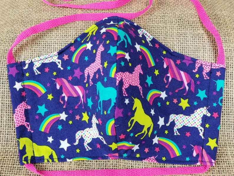 Unicorns on Navy Washable Reusable Face Mask w/ Nose Wire and Filter Pocket Made in the USA Adult Size image 1