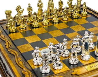 Luxury British Medieval Age Themed Chess Set- 14&quot; Solid Wooden Chessboard with Storage Drawer- Unique Gift for Boyfriend- Metal Chess Pieces