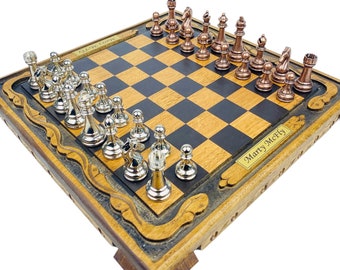 Personalized Wooden Chess Set: Handmade Metal Chessmen, 14-inch Board