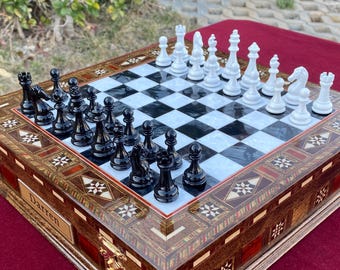 収納付き高級チェスセット - 12インチハンドメイドモザイクチェス