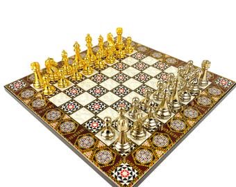 モザイクチェスセット：金属製の駒が付いた大きな木製ボード - Etsy 日本