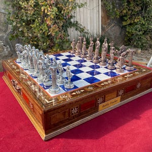 Premium British Medieval Chess Set, 15&quot; Handmade Mosaic Chess Board, Unique Gift For Anniversary, Metal Chess Pieces, Storage Drawer Inside