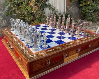 Premium British Medieval Chess Set, 15&quot; Handmade Mosaic Chess Board, Unique Gift For Anniversary, Metal Chess Pieces, Storage Drawer Inside