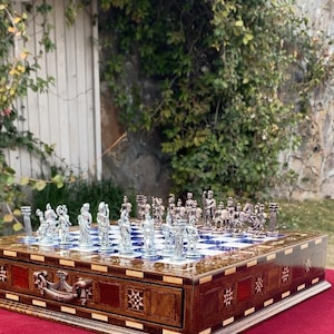 Luxury Roman Greek Chess Set with Storage Drawer- 12.6&quot; Mosaic Inlaid Handmade Chessboard- Cast Metal Historical Figures- Unique Gift Idea