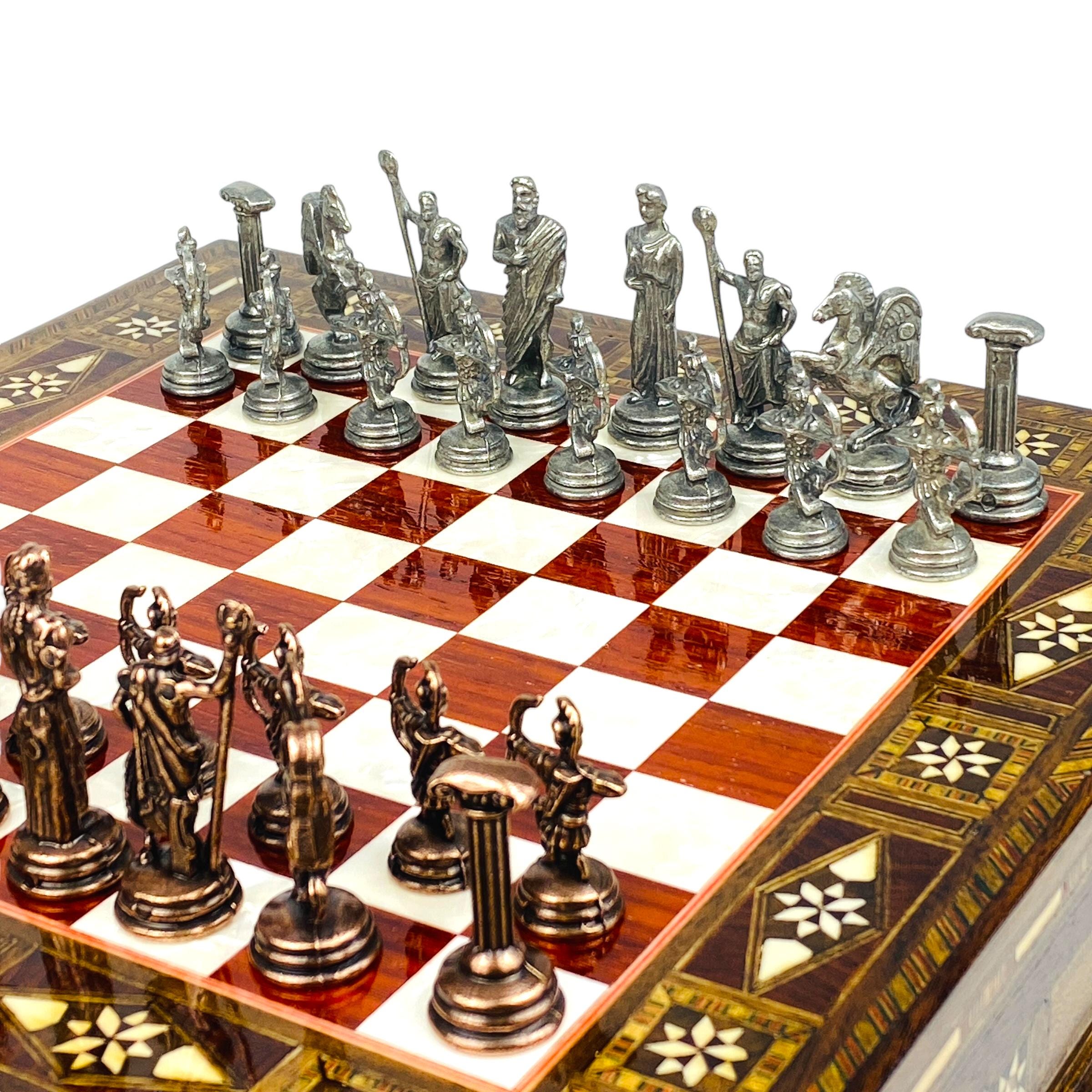 Handmade Mosaic Chess Set: Greek Mythology Metal Pieces, Rosewood Board