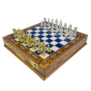Luxury Medieval British Empire Chess Set- Handmade Chess Board with Storage- Gold Silver Metal Chess Pieces- Unique Gift For Boyfriend