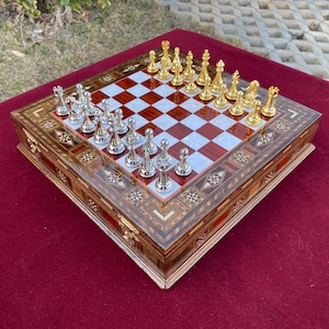 Luxury Chess Set with Storage- 12&quot; Handmade Mosaic Chessboard- Cast Metal Modern Chess Pieces- Unique Gift for Chess Lovers