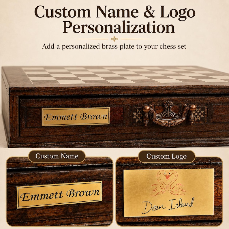 May include: A wooden chess set with a personalized brass plate. The plate reads "Emmett Brown" in a classic font. The set has a dark brown finish with a checkered board and a decorative handle.