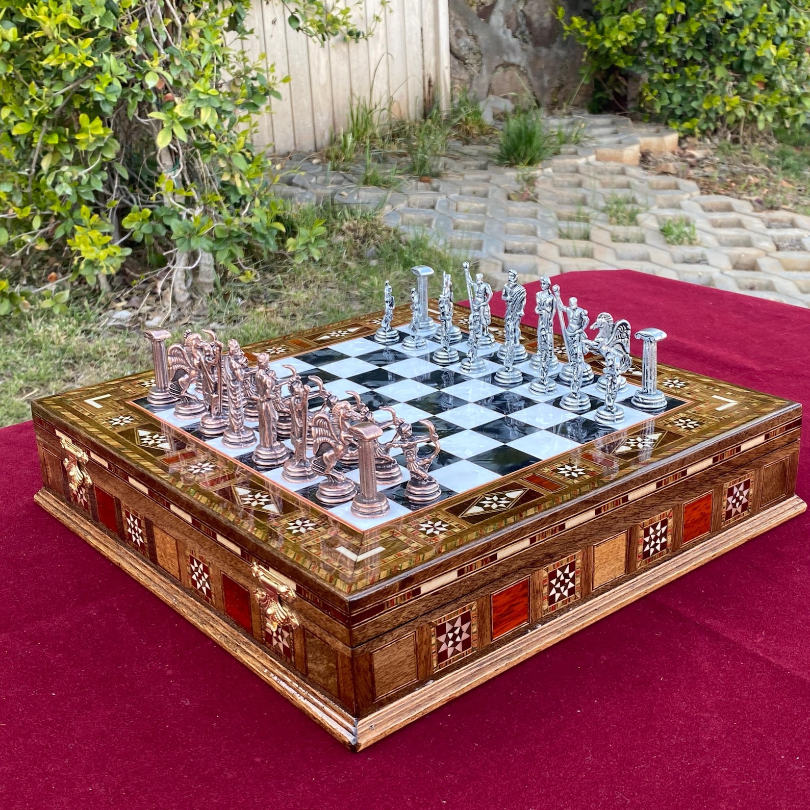 Luxury Greek Mythology Chess Set- 12" Handmade Mosaic Chess Board with Storage- Detailed Metal Chess Pieces- Unique Personalized Gift Set