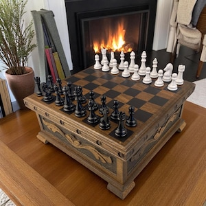 Personalized Wooden Chess Set with Secret Compartment: Handmade Carved Board