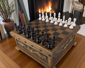 Personalized Wooden Chess Set with Secret Compartment: Handmade Carved Board