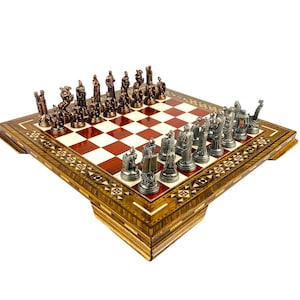 Handmade Trojan War Chess Set: Mosaic Wooden Board, Metal Pieces