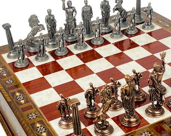 Personalized Greek Gods Chess Set: Handmade Wooden Board with Storage