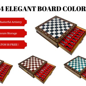 May include: A wooden chess set with four different board color options: black and white, blue and white, red and white, and teal and white. Each set includes a drawer for storage and is handcrafted. The text reads "4 ELEGANT BOARD COLOR".