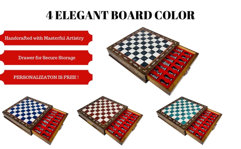 May include: A wooden chess set with four different board color options: black and white, blue and white, red and white, and teal and white. Each set includes a drawer for storage and is handcrafted. The text reads "4 ELEGANT BOARD COLOR".