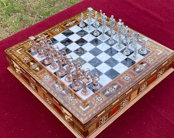 Luxury Greek Mythology Chess Set- 12" Handmade Mosaic Chess Board with Storage- Detailed Metal Chess Pieces- Unique Personalized Gift Set