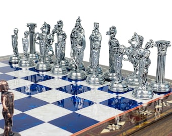Luxury British Medieval Chess Set Handmade- 15" Mosaic Wooden Chessboard with Storage- Unique Gift for Husband- Elegant Chess Set