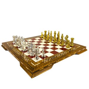 Premium Medieval British Chess Set- Handmade Mosaic Wooden Chess Board - High Quality Metal Chess Pieces- Unique Gift For Husband