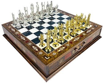 Luxury Ancient Egypt Chess Set- Handmade Mosaic Chessboard- Storage Drawer for Pieces- Gold Silver Metal Chessmen- Unique Gift for Him