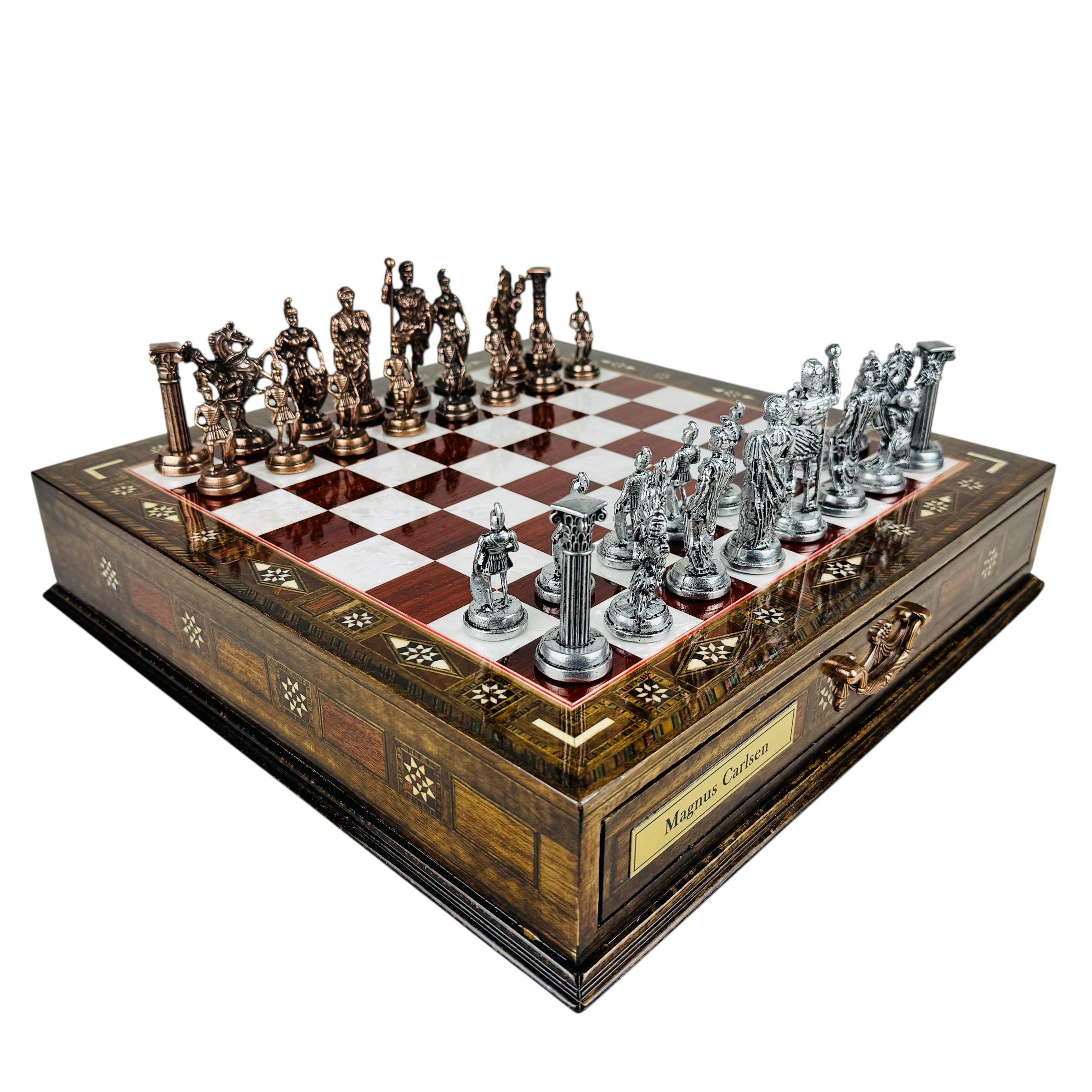 GiftHome Historische Rome Figuren Metalen Schaakset voor Volwassene, Handgemaakte Stukken en Marmeren Ontwerp Houten Schaakbord Koning 4.3 inc
