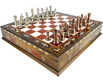 Personalized Handmade Wooden Chess Set: Mosaic Board, Metal Pieces