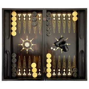 Elegant Backgammon and Chess Set- 3 in 1 Strategy Board Games Set- Walnut Wooden Backgammon Set with Carry Bag- Mother of Pearl Inlay