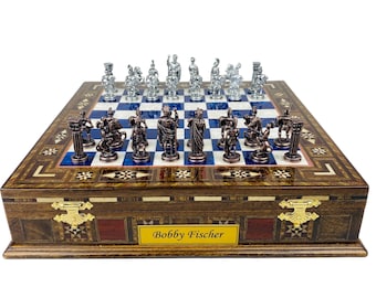 Luxurious Chess Set with Storage - 12" Handmade Chess Board- Roman Metal Chess Pieces- Unique Gift for Birthday- Greek Mythology Chessmen