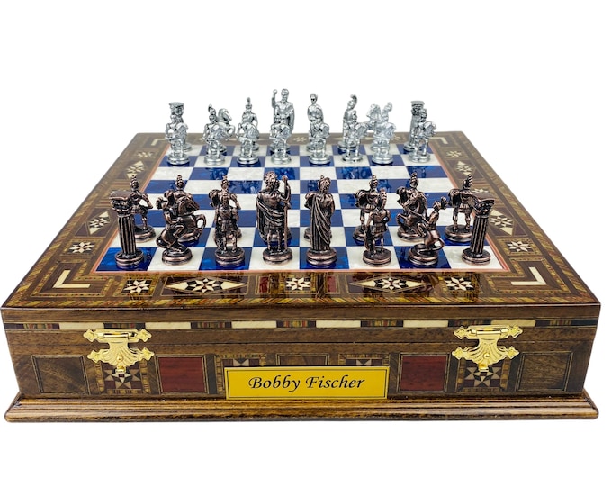 Luxurious Chess Set with Storage - 12" Handmade Chess Board- Roman Metal Chess Pieces- Unique Gift for Birthday- Greek Mythology Chessmen