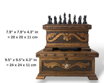 Handmade Mystery Puzzle Chess Set with Storage- Carved Wooden Chess Box with Hidden Key- Personalized Gift- Metal Chess Pieces