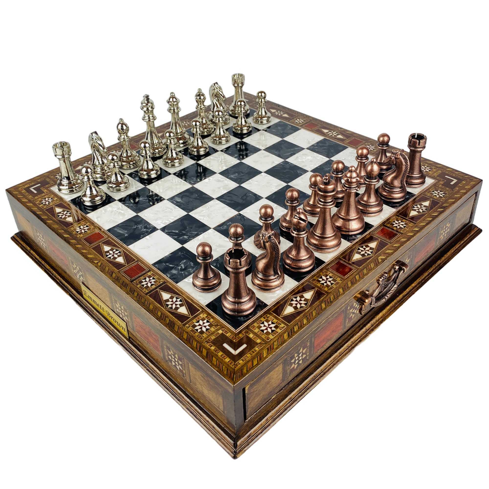 Personalized Chess Set with Classic Metal Chess Pieces- 15 inch Wooden Chess Board with Storage Drawer- Unique Chess Game Set- Gift for Him