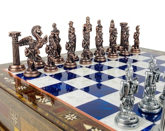 Luxury Greek Mythology Chess Set- 15" Handmade Chessboard with Storage- High Quality Metal Chess Pieces- Unique Gift for Anniversary