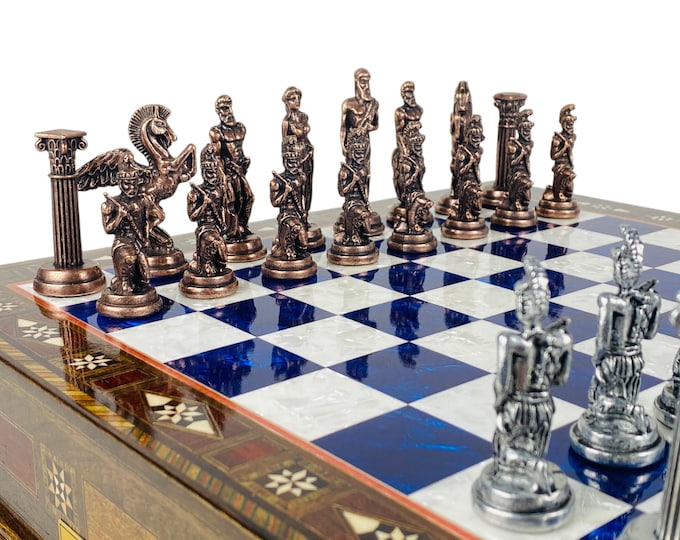 Luxury Greek Mythology Chess Set- 15" Handmade Chessboard with Storage- High Quality Metal Chess Pieces- Unique Gift for Anniversary