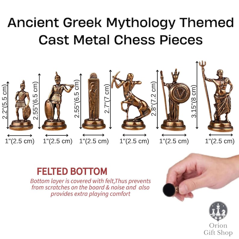 May include: Bronze-colored cast metal chess pieces with an Ancient Greek mythology theme. The set includes various figures, each approximately 2.2 to 3.15 inches tall, with felted bottoms. The image shows a hand holding a piece, and text that says "Felted Bottom".