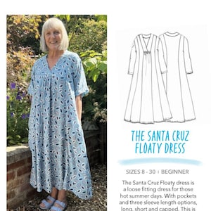 May include: A sewing pattern for The Santa Cruz Floaty Dress by Studio 23 Patterns. The image displays a light blue dress with a dark blue and white leaf print, featuring a V-neckline, short sleeves, and a loose silhouette, alongside a technical line drawing.