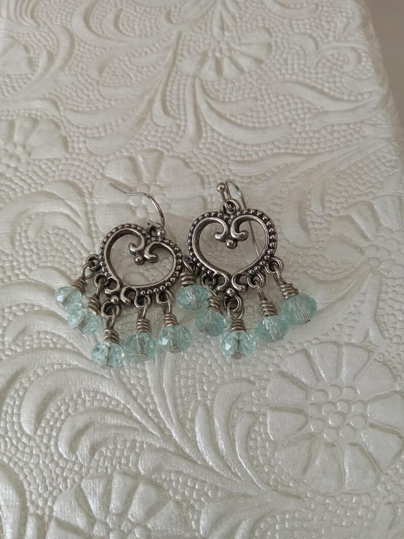 Heart and Water Blue Crystal Dangle Drop Earrings. Carefully Handmade ...