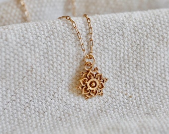 Gold Mandala Flower Necklace. Mandala necklace. Flower charm necklace. Dainty gold jewelry. Gold bronze and 14K gold filled. Sweet gift.