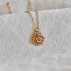 Gold Mandala Flower Necklace. Mandala necklace. Flower charm necklace. Dainty gold jewelry. Gold bronze and 14K gold filled. Sweet gift.
