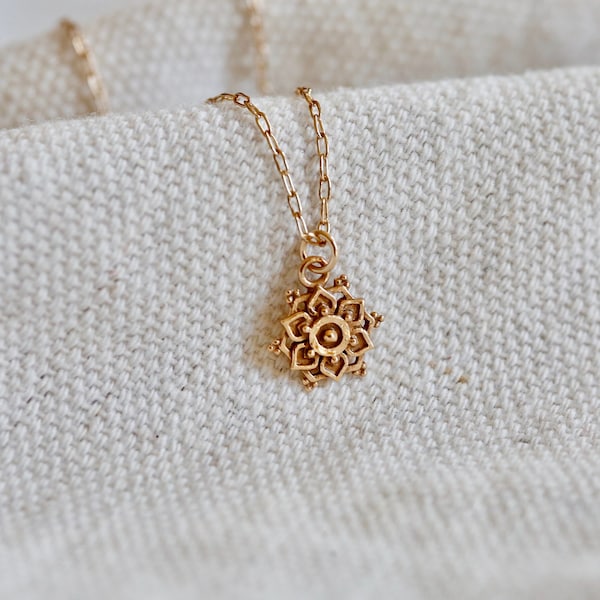 Gold Mandala Flower Necklace. Mandala necklace. Flower charm necklace. Dainty gold jewelry. Gold bronze and 14K gold filled. Sweet gift.