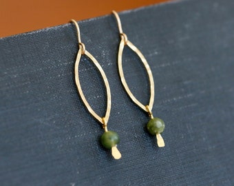 Jade Earrings. Golden brass and 14K gold chandelier earrings with genuine nephrite jade gemstones. Green and gold leaf earrings. Boho style.