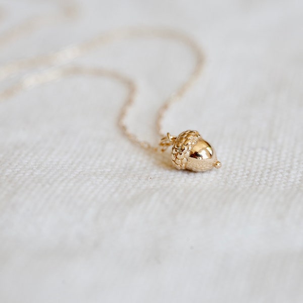 Gold Acorn Necklace. Tiny acorn charm on 14K gold filled chain. Acorn charm necklace. Minimalist jewelry. Great gift. Gold layering necklace