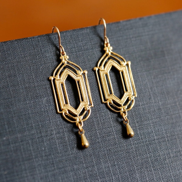 Gold Art Deco Earrings.  14K Gold Filled and Brass Earrings. Gold architectural window chandelier earrings. Classic Art Deco earrings.