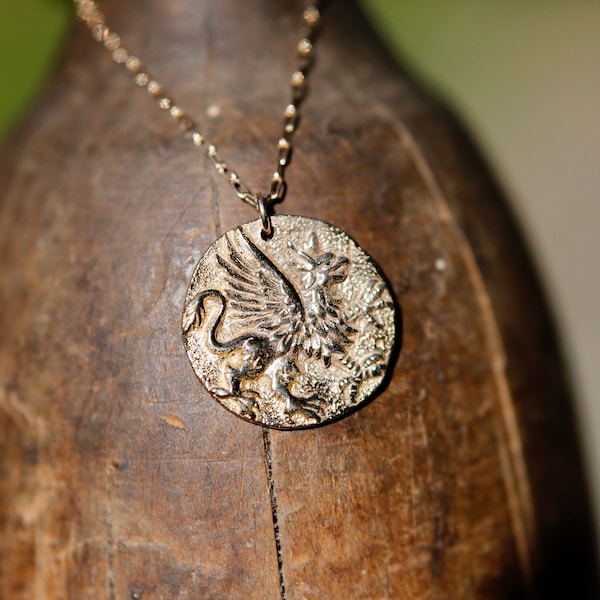 Gold Coin Necklace. Rustic Gold Griffin Coin Necklace in Bronze and 14K Gold Filled. Gold Medallion Necklace. Replica of Ancient Greek Coin.