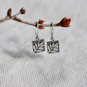 Tiny Fern Earrings in Sterling Silver Small Detailed Botanical branch and rectangle drops. Dainty everyday jewelry. Great teacher gift. image 3