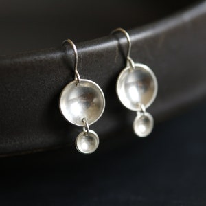 Silver Reflecting Pool Earrings in Sterling Silver. Concave dome earrings. Perfect everyday jewelry. Handmade sterling chandelier earrings.