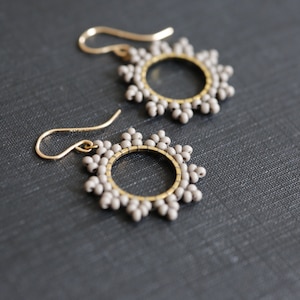 Soft gray sun burst Earrings. Handwoven beaded earrings with 14K gold fill ear wires. Modern beadwork earrings, neutral bead hoop earrings. image 1