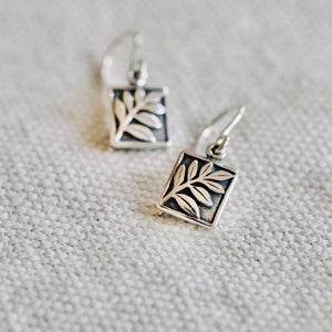 Tiny Fern Earrings in Sterling Silver Small Detailed Botanical branch and rectangle drops. Dainty everyday jewelry. Great teacher gift. image 2