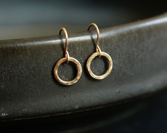 Tiny gold hoops. Open circle earrings. Gold Karma Earrings. Hammered Gold Hoops. Front Facing Hoop Earrings. Dainty gold circle earrings.