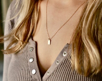 Gold tag necklace. Tiny hammered gold rectangle charm. Minimalist jewelry. Simple gold necklace. In all 14K gold filled. Sweet gift for her.