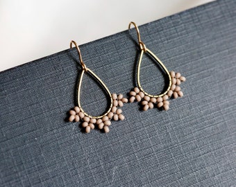 Warm taupe beaded teardrop earrings. Handwoven beaded earrings with 14K gold fill ear wires. Neutral bead earrings. Dainty bead jewelry.