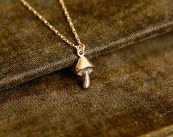 Golden Mushroom Necklace - Mushroom charm necklace. Gardencore Toadstool Necklace. Mushroom Pendant. In 14K gold filled and solid bronze.